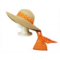 Hats – 12 PCS Wide Brim Hat w/ Polka Dot Chiffon Ribbon - Orange -HT-SHT2412OG